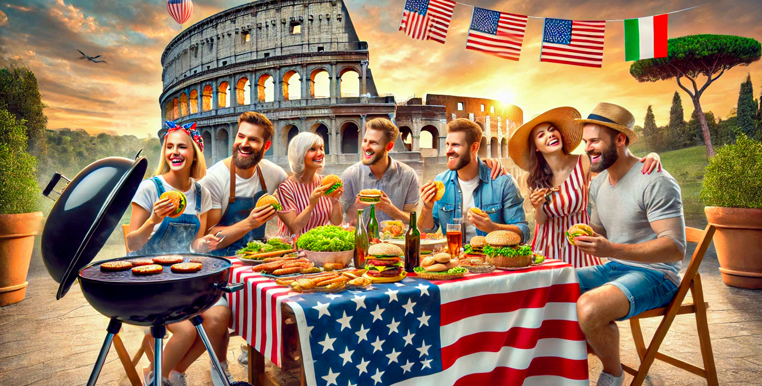 tavolo con bandiera americana colosseo sullo sfondo americani che mangiano hamburger